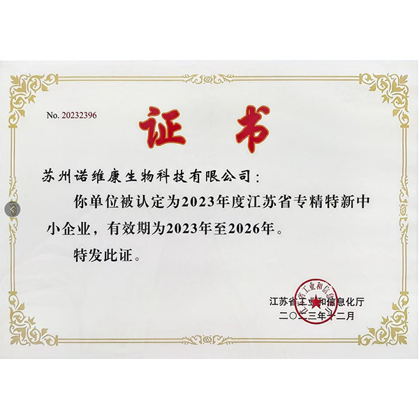 江苏省专精特新中小企业证书